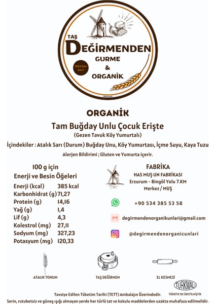 Organik Atalık Tam Buğday Unlu Çocuk Erişte (Gezen Tavuk Köy Yumurtalı) 400 Gram