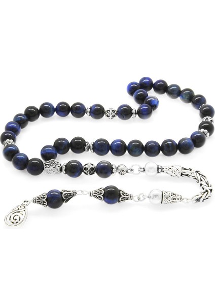 Koleksiyonluk 925 Ayar Gümüş Püsküllü Küre Kesim Mavi Kaplangözü Doğaltaş Tesbih