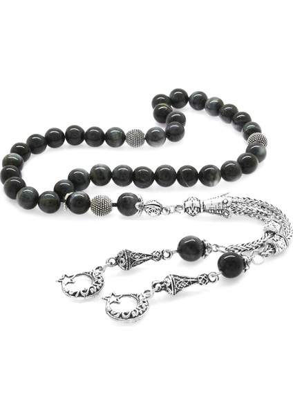 Kararmaz Metal Ayyıldız Püsküllü Küre Kesim Gri Kaplangözü Doğaltaş Tesbih