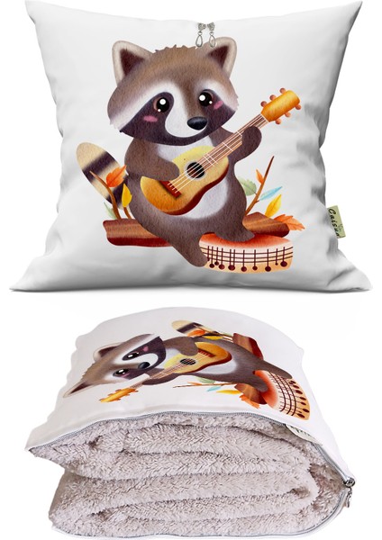 Gitarlı Rakun Tv Battaniyeli Opsiyonel Dekoratif Hediye Yastık
