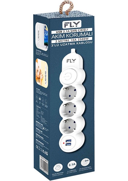 FLY-3393-01 Termal Akım Korumalı 3'lü Priz 2 USB 2m 2.1A