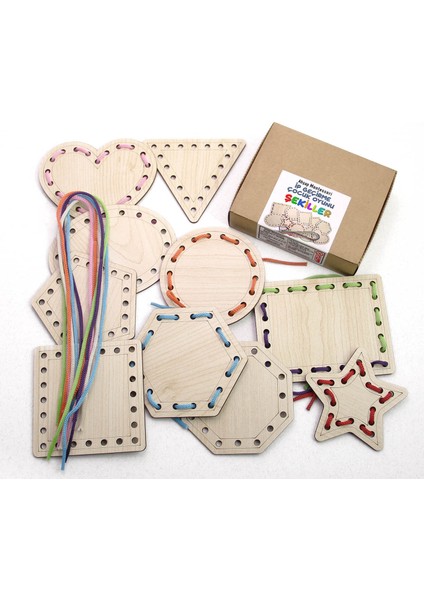 Ahşap Şekiller Ip Geçirme Kutulu Oyun, Montessori Ahşap El Kası Geliştirme Eğitici Oyun