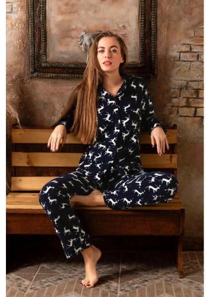 Kadın Gömlek Yaka Polar Pijama Takımı M913 - 1 Adet