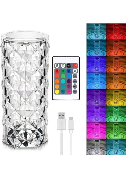 Ba Home Big Rose Diamond Table Lamp USB Charging Touch Lamp Kumandalı ve Dokunmatik Kristal Masa Lambası