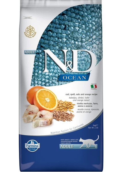 Nd Ocean Düşük Tahıllı Adult 10KG Kedi Morina Balığı Portakallı Kedi Maması Kılçıksız Buğday