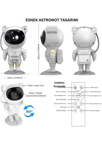 Astronot Projektör Led, Star Projector Night Lights Gece Lambası 8 Farklı Mod Nebula Işık