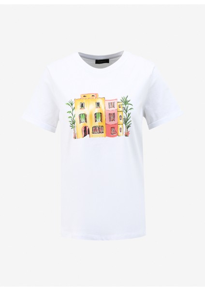 Bisiklet Yaka Baskılı Kırık Beyaz Kadın T-Shirt F4SL-TST0640