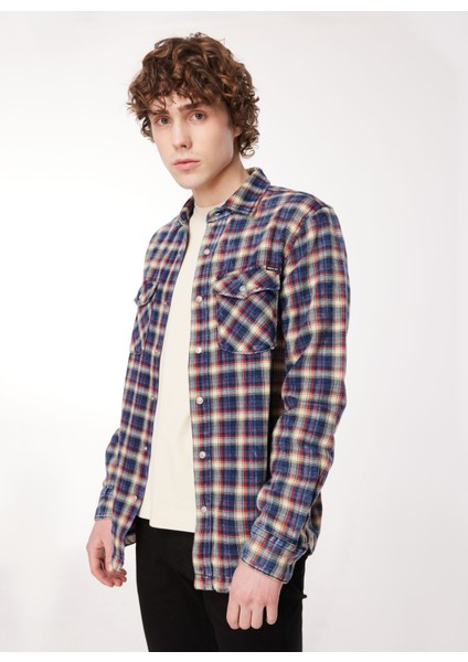 Normal Mavi Çizgili Erkek Gömlek M4067 010 Blue/lt Cream/red