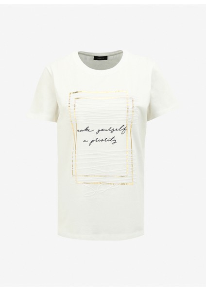 Bisiklet Yaka Baskılı Kırık Beyaz Kadın T-Shirt FC4SL-TST0260