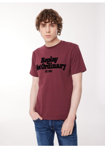 Bisiklet Yaka Baskılı Bordo Erkek T-Shirt M6646 164 Amaranth Red