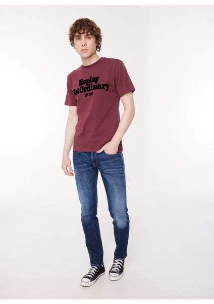 Bisiklet Yaka Baskılı Bordo Erkek T-Shirt M6646 164 Amaranth Red modelleri