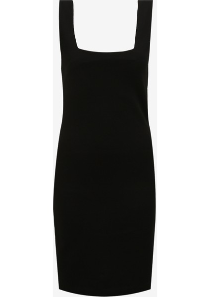 Kare Yaka Düz Siyah Mini Kadın Elbise F4SL-ELB0649