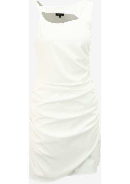 Kayık Yaka Düz Beyaz Mini Kadın Elbise F4SL-ELB0318