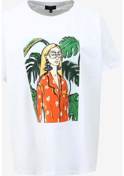 Bisiklet Yaka Baskılı Kırık Beyaz Kadın T-Shirt F4SL-TST0109