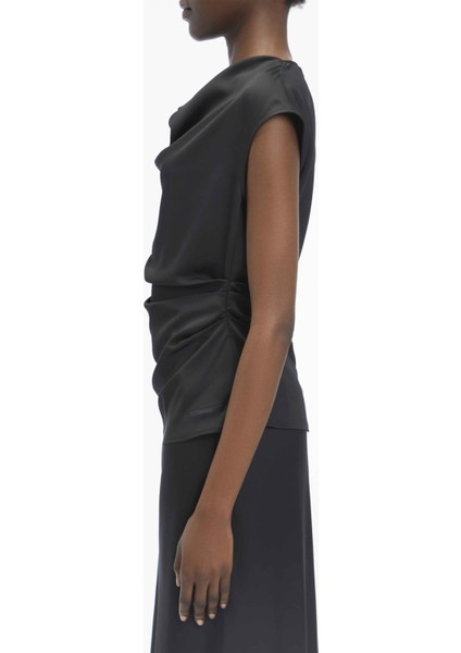 Degaje Yaka Düz Siyah Kadın Bluz Geri Dönüştürülmüş Cdc Draped Top fiyatları