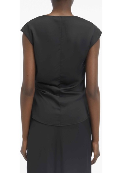 Degaje Yaka Düz Siyah Kadın Bluz Geri Dönüştürülmüş Cdc Draped Top modelleri