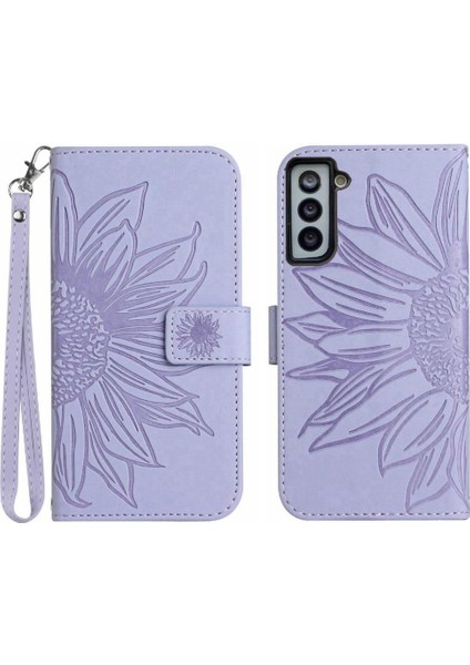 Kart Yuvaları Tutucu Kısa Kayış Kabartmalı Pu ile Samsung Galaxy S21 Için Telefon Kılıfı (Yurt Dışından)