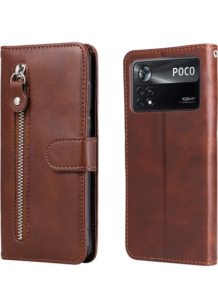 Xiaomi Poco X4 Pro 5g ile Uyumlu Moda Fermuar Çevirme Deri Manyetik Cüzdan Telefon Kılıfı (Yurt Dışından)