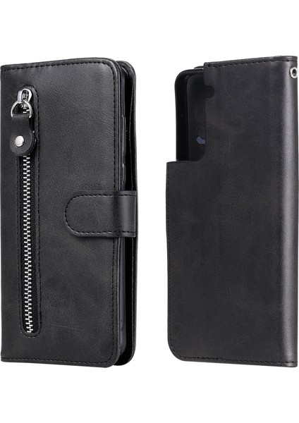 Samsung Galaxy S21 Plus ile Uyumlu Moda Fermuar Çevirme Deri Manyetik Cüzdan Telefon Kılıfı (Yurt Dışından)