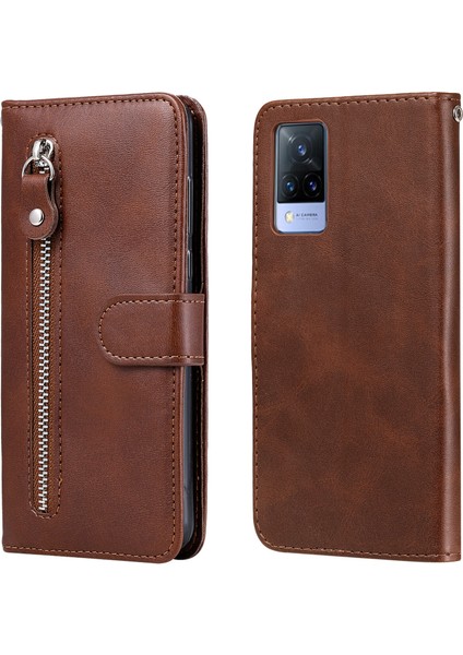 Vıvo V21 ile Uyumlu Moda Fermuar Çevirme Deri Manyetik Cüzdan Telefon Kılıfı (Yurt Dışından)