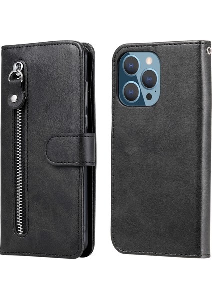iPhone 13 Pro Max ile Uyumlu Moda Fermuar Çevirme Deri Manyetik Cüzdan Telefon Kılıfı (Yurt Dışından)
