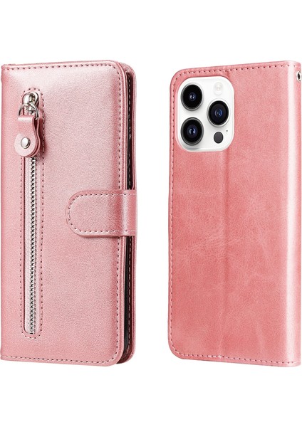 iPhone 15 Pro ile Uyumlu Moda Fermuar Çevirme Deri Manyetik Cüzdan Telefon Kılıfı (Yurt Dışından)