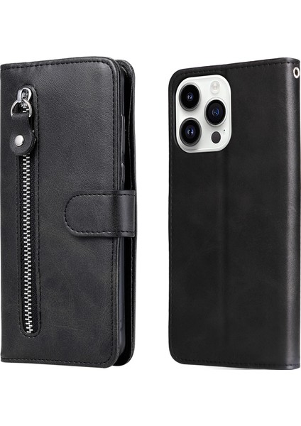 iPhone 15 Pro ile Uyumlu Moda Fermuar Çevirme Deri Manyetik Cüzdan Telefon Kılıfı (Yurt Dışından)