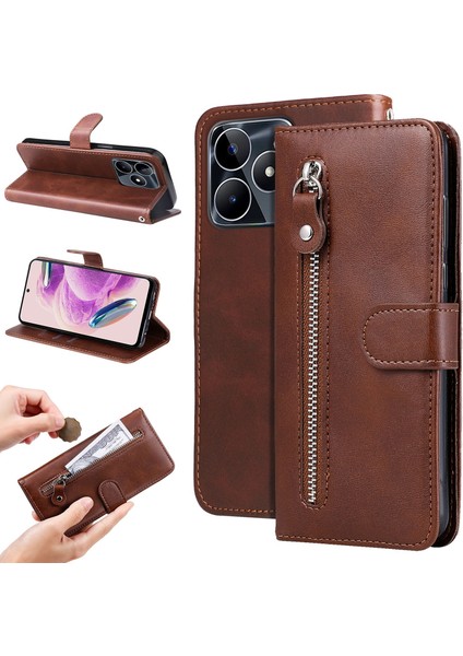 Realme C53 ile Uyumlu Moda Fermuar Çevirme Deri Manyetik Cüzdan Telefon Kılıfı (Yurt Dışından)