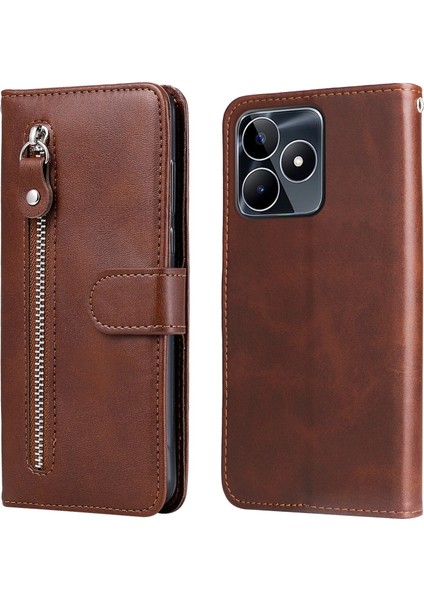 Realme C53 ile Uyumlu Moda Fermuar Çevirme Deri Manyetik Cüzdan Telefon Kılıfı (Yurt Dışından)