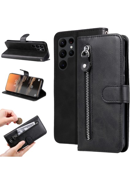 Samsung Galaxy S24 Ultra ile Uyumlu Moda Fermuar Çevirme Deri Manyetik Cüzdan Telefon Kılıfı (Yurt Dışından)
