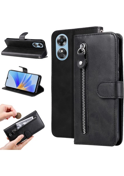Oppo A17 ile Uyumlu Moda Fermuar Çevirme Deri Manyetik Cüzdan Telefon Kılıfı (Yurt Dışından)