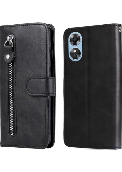 Oppo A17 ile Uyumlu Moda Fermuar Çevirme Deri Manyetik Cüzdan Telefon Kılıfı (Yurt Dışından)