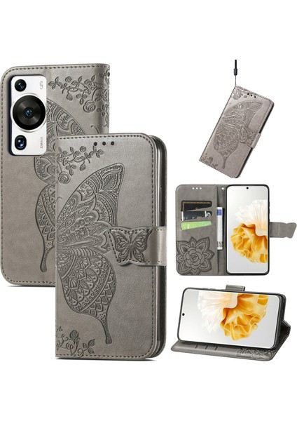 Huawei P60 Pro Kelebek Kanatları Narin Çiçekler Flip Darbeye Deri ile Uyumlu Telefon Kılıfı (Yurt Dışından)