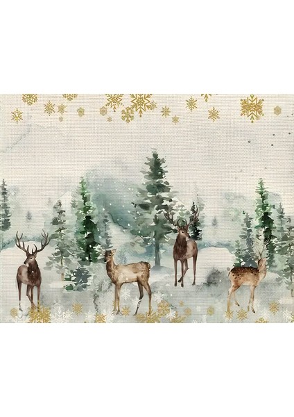 Geyik ve Çamlar Desenli Amerikan Servisi Dikdörtgen 35 x 50 cm