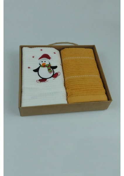 Hediyelik Yılbaşı Figürlü Havlu Penguen Sarı Beyaz 2Li 50*70