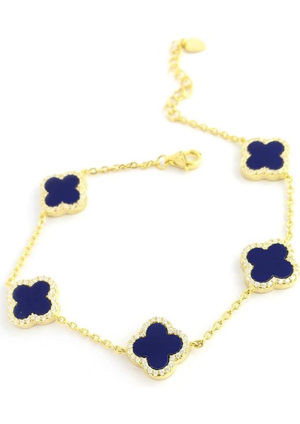 Lacivert Taşlı 925ayar Gümüş Üzerine Altın Kaplama beşli yonca bileklik