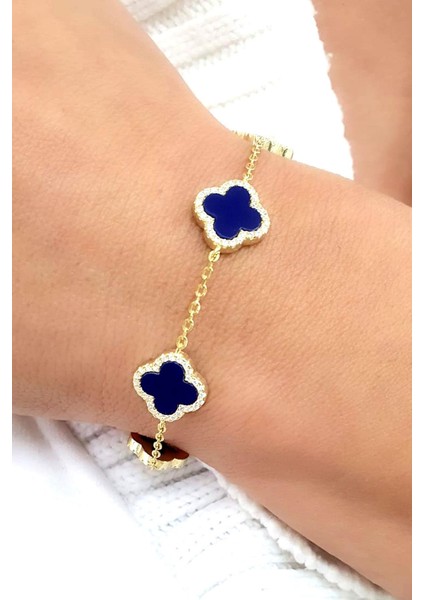Lacivert Taşlı 925ayar Gümüş Üzerine Altın Kaplama beşli yonca bileklik fiyatları