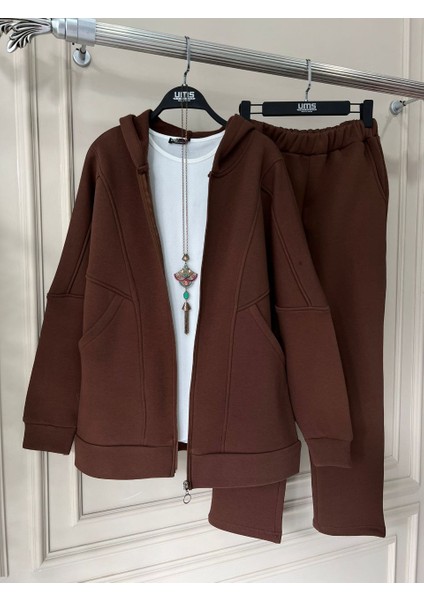 Kadın Cepli Fermuarlı Kapüşonlu Üç Iplik Şardonlu Ikili Basic Takım (Renkli)