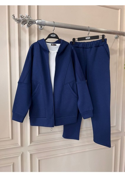 Kadın Cepli Fermuarlı Kapüşonlu Üç Iplik Şardonlu Ikili Basic Takım (Renkli)
