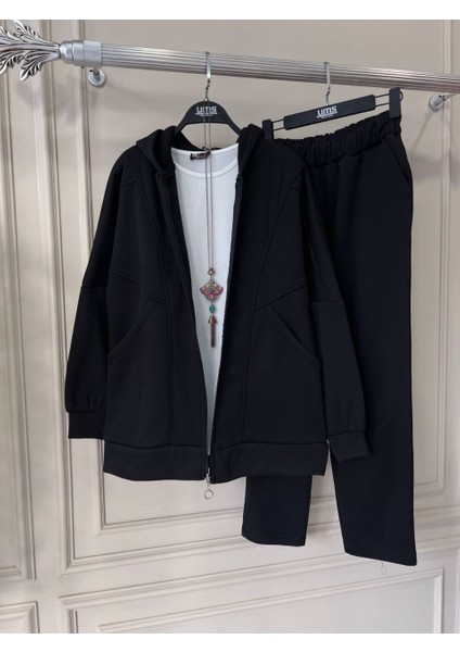 Kadın Cepli Fermuarlı Kapüşonlu Üç Iplik Şardonlu Ikili Basic Takım (Renkli)