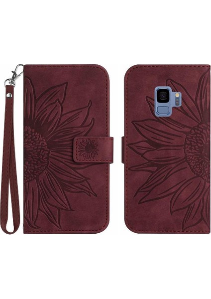 Samsung Galaxy S9 Için Kılıf Kısa Kayış Kart Yuvaları ile Kabartmalı Ayçiçeği (Yurt Dışından)