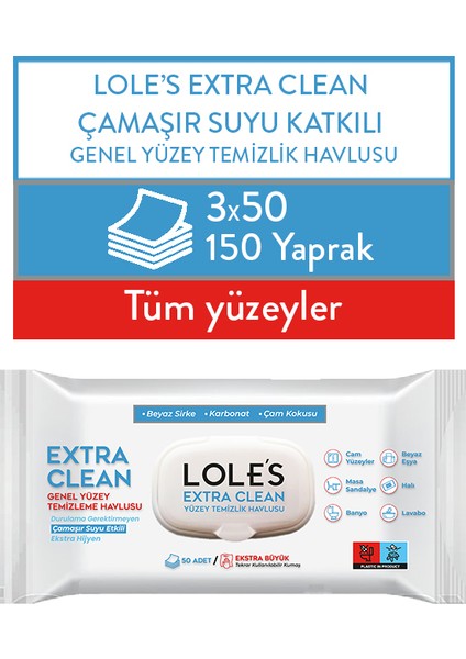 Yüzey Temizlik Havlusu, Çam Kokulu, Çamaşır Suyu Içerir, 3x50, Sirke Ve Karbonatlı, Islak Mendil