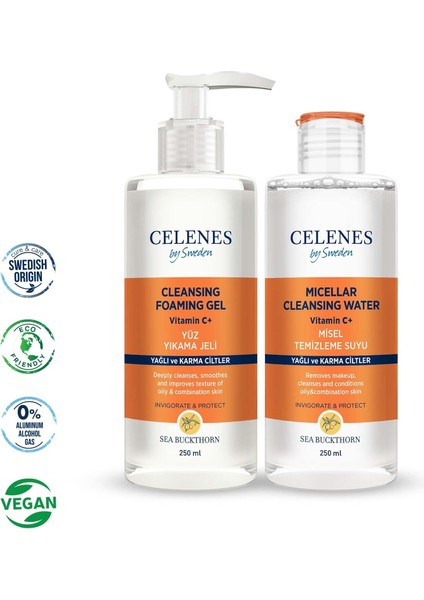 Celenes By Sweden Yağlı ve Karma Ciltler İçin C Vitaminli Aydınlatıcı & Leke Giderici Bakım Seti