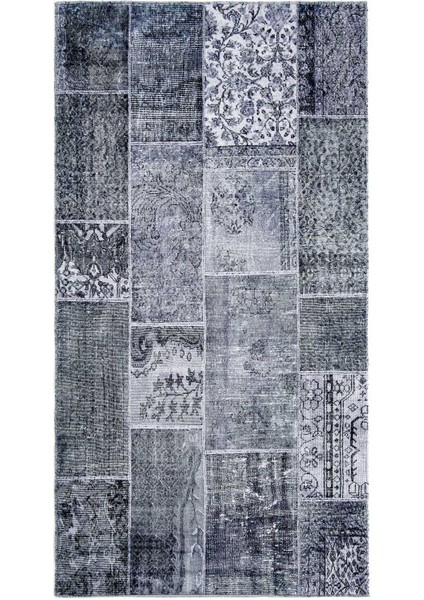 Kadife Patchwork Halı - Gri - 80X150 cm