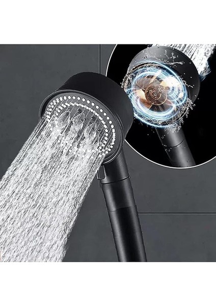 Turbo Black Power Siyah Pervaneli 5 Fonksiyonlu Yüksek Basınçlı Mat Siyah Duş Başlığı El Duşu