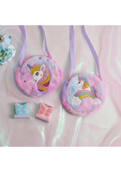 Unicorn Yuvarlak Çocuk Omuz Çantası Peluş Bozuk Para Cüzdanı (Yurt Dışından)