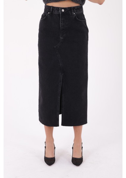 Önü Yırtmaçlı ve Dikiş Detaylı Bitişi Dikişsiz Cepli Astarsız Kadın Kot Etek Normal Antrasit denim fiyatları