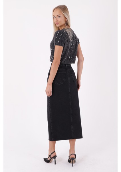 Önü Yırtmaçlı ve Dikiş Detaylı Bitişi Dikişsiz Cepli Astarsız Kadın Kot Etek Normal Antrasit denim modelleri