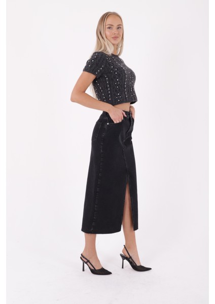 Önü Yırtmaçlı ve Dikiş Detaylı Bitişi Dikişsiz Cepli Astarsız Kadın Kot Etek Normal Antrasit denim fırsatları