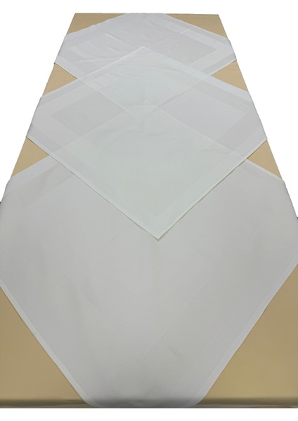 Krem 3 Adet 80CMX80CM ve Sarı 140CMX240CM Çift Kat Pamuklu Atlas Kenarlı Masa Örtüsü 4 Lü Set